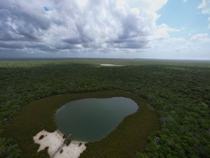 Vista aérea de dos lagunas en el ejido Leona Vicario en Quintana Roo (México), el 11 de mayo de 2023. Las lagunas integran el área en que se quiere construir la ciudad.