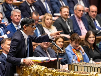 El primer ministro británico, Rishi Sunak, este miércoles durante la sesión de control al Gobierno en la Cámara de los Comunes.