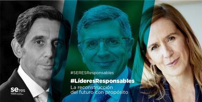 Álvarez-Pallete, presidente ejecutivo de Telefónica, Francisco Román, de Fundación Seres, y Marieta Jiménez (MerckGroup) en los diálogos de #LíderesResponsables.