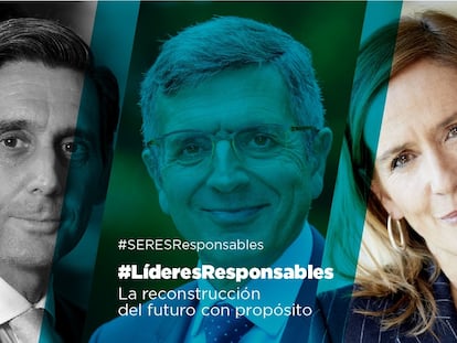 Álvarez-Pallete, presidente ejecutivo de Telefónica, Francisco Román, de Fundación Seres, y Marieta Jiménez (MerckGroup) en los diálogos de #LíderesResponsables.