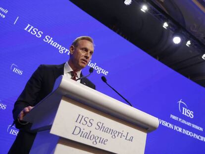 El secretario de Defensa de EE UU, Patrick Shanahan, durante un discurso en el foro celebrado en Singapur este sábado. 