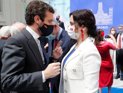 El presidente del PP, Pablo Casado, y la presidenta de Madrid, Isabel Díaz Ayuso, este sábado.