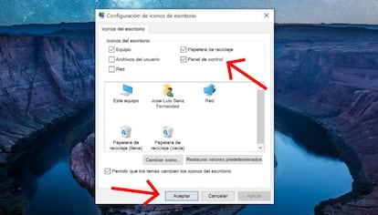 Configuración de iconos de escritorio en Windows 10.