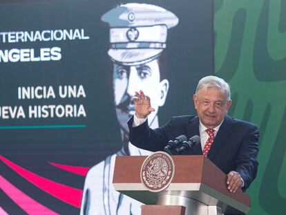 El presidente de México, Andrés Manuel López Obrador, durante la conferencia previa a la inauguración del Aeropuerto Felipe Angeles.