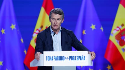 Alberto Núñez Feijóo, este domingo, en la clausura del Congreso Nacional del PP.