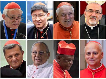MADRID, 22/04/2025.- Tras el pontificado rompedor de Francisco, que falleció este lunes a los 88 años, se configura una Iglesia católica con una marcada diferencia entre progresistas y conservadores, como se dividen los nombres que circulan ya desde hace tiempo de los 'papables', los posibles sucesores del pontífice argentino. En la imagen, de izda a dcha y de arriba a abajo: combo de los posibles sucesores del Papa Francisco: el actual secretario de Estado, Pietro Parolin; el italiano Matteo Maria Zuppi, actual presidente de la Conferencia Episcopal italiana; el filipino Luis Antonio Tagle, prefecto de la congregación para la Evangelización de los Pueblos; el arzobispo de Marsella, Jean-Marc Aveline; el italiano, Pierbattista Pizzaballa, patriarca latino de Jerusalén; el arzobispo de Budapest, Péter Erdö; el obispo de Estocolmo, Anders Arborelius; el obispo maltés Mario Grech, secreario general del Sínodo de los Obispos; el arzobispo metropolitano de Colombo, Malcom Ranjith; el arzobispo de Kinshasa, Fridolin Ambongo Besungu; el actual prefecto del dicasterio para los obispos, el estadounidense Robert Francis Prevost, y el arzobispo de Nueva York, Timothy Dolan. EFE/