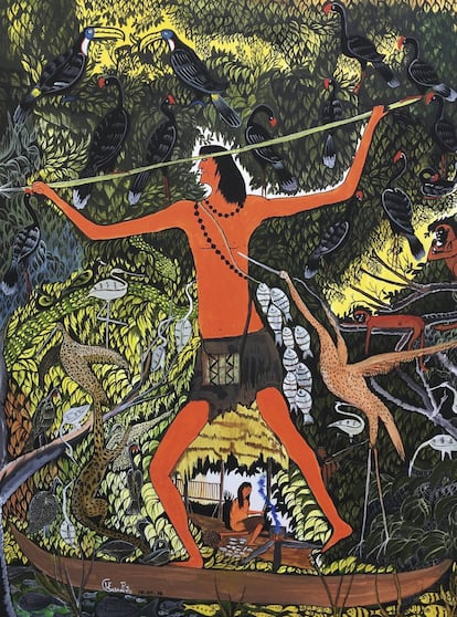 Escena de un cazador asháninka, de Wilberto Casanto. Acrílico sobre tela.