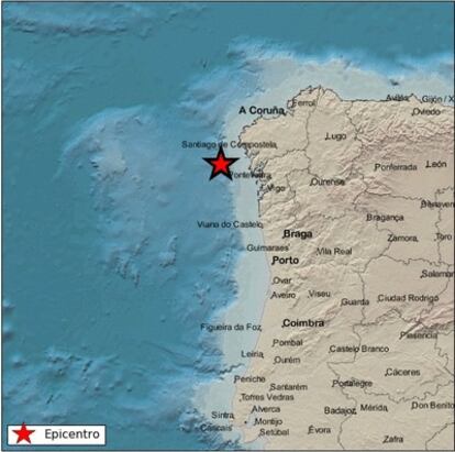 Localización de uno de los tres terremotos registrados este jueves frente a la costa gallega, en un mapa del Instituto Geográfico Nacional.