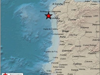 Localización de uno de los tres terremotos registrados este jueves frente a la costa gallega, en un mapa del Instituto Geográfico Nacional.