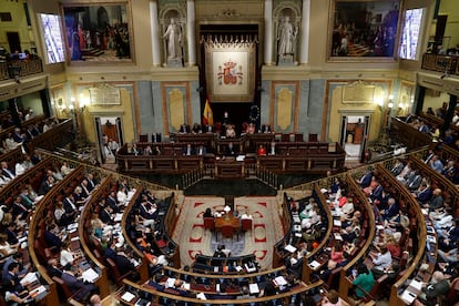 El presidente del Gobierno, Pedro Sánchez, interviene durante la primera jornada del debate sobre el estado de la nación. Se trata del primer debate de esta índole que se celebra en 7 años.