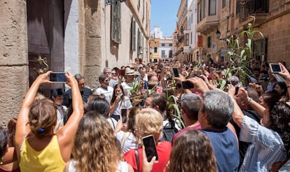 A crowd spontaneously celebrating Saint John's Eve in Ciutadella, Menorca even though official festivities had been cancelled by local authorities.