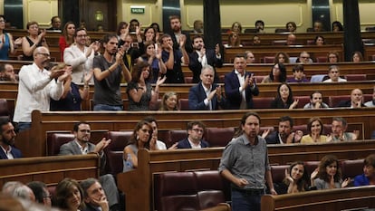 El líder de Unidas Podemos, Pablo Iglesias, durante el debate de investidura en el Congreso de los diputados.