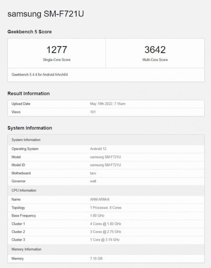 Resultado Galaxy Z Flip 4 en Geekbench