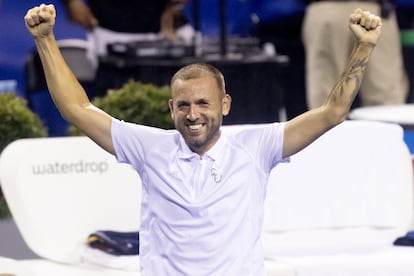 Daniel Evans of Britain reacts upon defeating Tallon Griekspoor of the Netherlands in the men's final of the Mubadala Citi DC Open, in Washington, DC, USA, 06 August 2023.