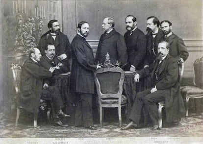 Gobierno provisional de 1869 Desde izquierda: Figuerola, Ruiz Zorrilla, Sagasta, Prim, Serrano, Topete, L&oacute;pez de Ayala, Lorenzana y Romero Ortiz.