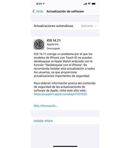 Notificación de iOS 14.7.1.