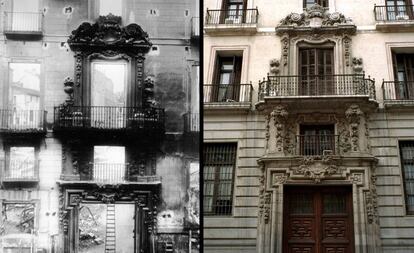 El Palacio del marqués de la Torrecilla quedó completamente destruido durante la Guerra Civil (izquierda). Pero el edificio se incorporó al contiguo Ministerio de Hacienda, conservando una parte de la fachada. Hoy es el número 5 de la calle de Alcalá.