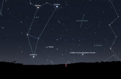 Mapa del cielo nocturno creado en Stellarium desde el centro de México para el 2 de octubre de 2024 a las 05.30 horas, con el cometa Tsuchinshan-ATLAS señalado sobre el horizonte.