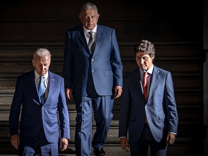 Biden, López Obrador y Trudeau, al termino de la Cumbre de América del Norte, en el Palacio Nacional de Ciudad de México, el 10 de enero de 2023.