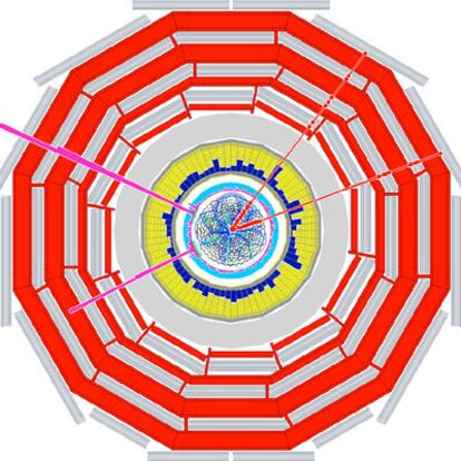 Simulación de cómo el detector CMS del LHC vería una colisión protón-protón vista en el plano transversal a los haces de protons, extendida a las partes más externas del detector. Las trazas rojas son reconstrucciones de las trayectorias de los muones y las columnas de color rosa reflejan la energía de los electrones, medida por una sección específica del CMS.