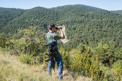 Un miembro de la Guardia Civil, rastreando el entorno de la peña de Oroel (Huesca).