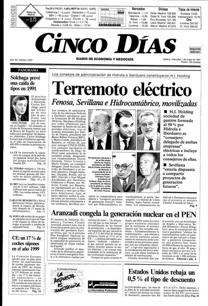 1991: grandes grupos eléctricos. Primera gran concentración en las empresas eléctricas, con la formación de tres grandes grupos mediante fusiones, compras e intercambio de activos. Las eléctricas estaban participadas en su capital por posiciones de dominio de los grandes bancos y tuvo un activismo especial el sector público a través de Endesa.