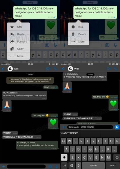 Novedades de WhatsApp, como el nuevo menú contextual y el modo oscuro