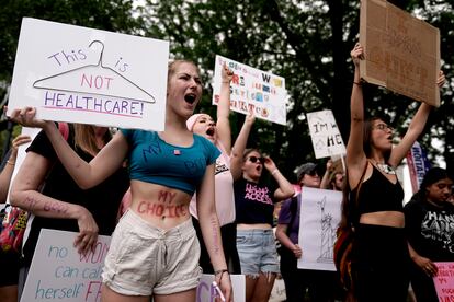 People rally in support of abortion rights, July 2, 2022, in Kansas City, Mo