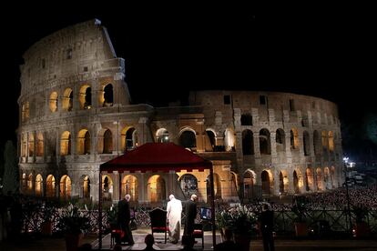 ROME, ITALY - APRIL 14: Pope Francis attends the Way of The Cross at the Colosseum on April 14, 2017 in Rome, Italy. The Way of the Cross is a centuries-old and much beloved devotion, that began as a sort of spiritual pilgrimage to the places and scenes and events of Christ passion for those who could not make the pilgrimage to the Holy Land in person, as well as for those who had made it and wished to relive their experience, and for those who were preparing for the journey. (Photo by Franco Origlia/Getty Images)
