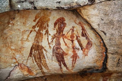 Pinturas rupestres encontradas en la región de Kimberley, Australia, que ilustran seres humanos del Pleistoceno. Datan de hace unos 25.000 años.