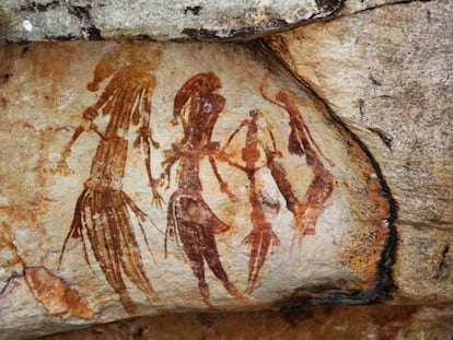 Pinturas rupestres encontradas en la región de Kimberley, Australia, que ilustran seres humanos del Pleistoceno. Datan de hace unos 25.000 años.