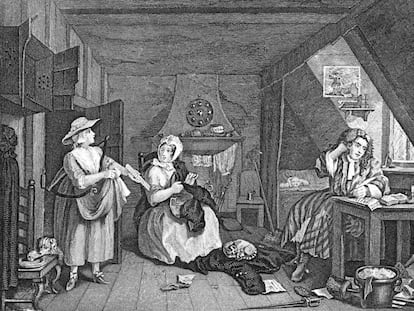 'The Distrest Poet', del pintor William Hogarth, una sàtira de les condicions de vida dels escriptors de Grub Street.