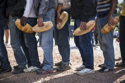 Refugiados en un campamento Magyarkanizsa, Serbia.