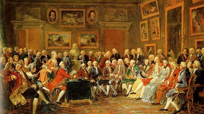 El cuadro 'En el salón de Madame Geoffrin' (1812), de Anicet Charles Gabriel Lemonnier, muestra la lectura de 'El huérfano de China', de Voltaire, obra estrenada en 1755.