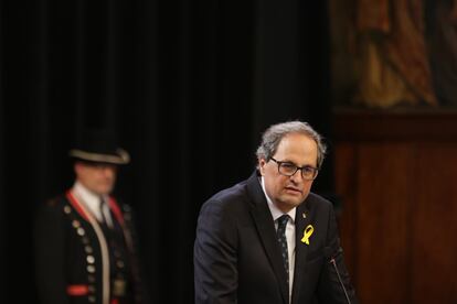 El presidente de la Generalitat, Quim Torra, durante su discurso en el acto de toma de posesion del nuevo Govern que se celebra en el Palau de la Generalitat.