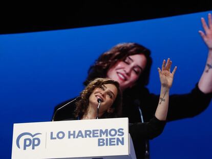 La presidenta de la Comunidad de Madrid, Isabel Díaz Ayuso, en su intervención este viernes en el congreso nacional del PP, en Sevilla.