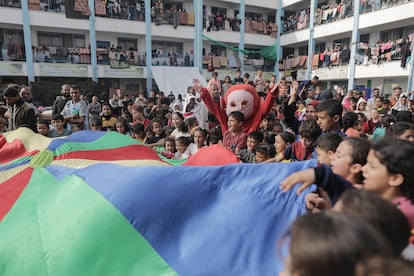 Displaced Palestinian children play at a UNRWA school in Khan Younis, Gaza; October 23, 2023.