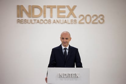 El consejero delegado de Inditex, Óscar García Maceiras, ofrece una rueda de prensa para presentar los resultados de la compañía en el ejercicio de 2023 en su sede central en Arteixo.