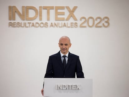 El consejero delegado de Inditex, Óscar García Maceiras, ofrece una rueda de prensa para presentar los resultados de la compañía en el ejercicio de 2023 en su sede central en Arteixo.