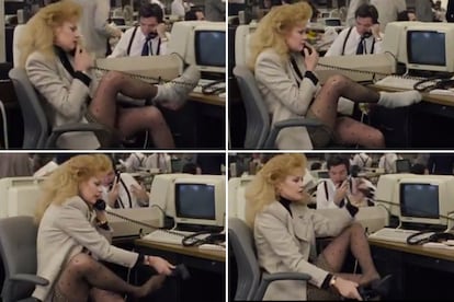 Secuencia inicial de ‘Armas de Mujer’ en la que Tess (Melanie Griffith) se cambia las zapatillas por los tacones al llegar al trabajo.