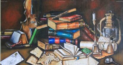 “Desorden en la biblioteca”, óleo de Belkis Lizardo.