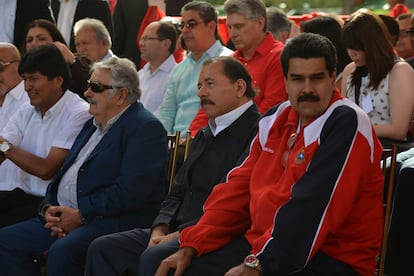 Evo Morales, presidente de Bolivia; José Mujica, presidente de Uruguay; Daniel Ortega, presidente de Nicaragua, y Nicolás Maduro, vicepresidente de Venezuela, durante reunión de apoyo a Hugo Chávez en el Palacio Presidencial de Miraflores el 10 de enero de 2013 en Caracas (Venezuela).