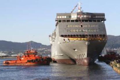 Volcán de Tinamar, ferry encargado por la Naviera Armas, de 178 metros de eslora, 24,6 de manga, con capacidad para transportar a unos 1.200 pasajeros y alcanzar una velocidad de 26 nudos que estará listo para hacer diferentes conexiones en el archipiélago canario en los primeros días de junio, que hoy ha sido botado en el astillero vigués Hijos de J. Barreras. EFE/Archivo