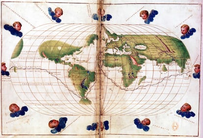 Mapamundi con la ruta del viaje de Magallanes. BIBLIOTHÈQUE NATIONALE DE PARIS / GETTY