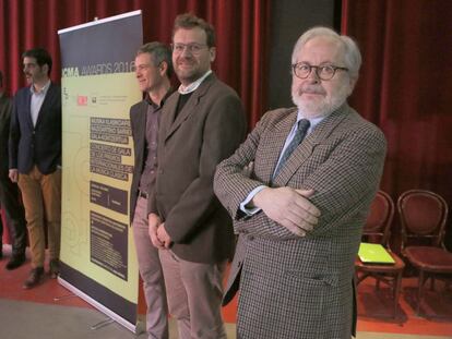 Luis Suñén, director de la revista 'Scherzo' y Pablo Berastegui, director de San Sebastian 2016, junto a otras autoridades, en la presentación de la entrega de los premios ICMA.