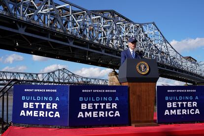 President Joe Biden speaks about his infrastructure agenda under the Clay Wade Bailey Bridge, on January 4, 2023, in Covington, Kentucky.