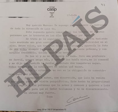 Document from the Jesuit school of Casp in Barcelona alerting the community in Bolivia of Luis Tó's contact with minors.