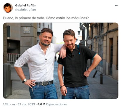 Tuit publicado por Gabriel Rufián con una foto del diputado con Pablo Iglesias.