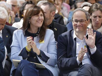 Elsa Artadi, Laura Borràs y Quim Torra, durante la presentación de las listas de JxCat en Barcelona.