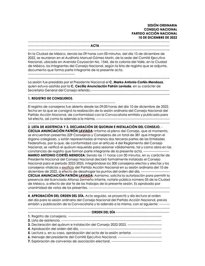 La primera página del acta de la sesión del Consejo Nacional del PAN del 10 de diciembre de 2022.